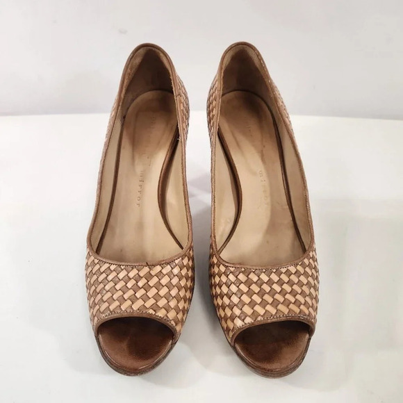 Objects IN Mirror Vero Cuoio Peep Toe Woven 2" Heel Shoes Womens 37.5 Brown - Picture 2 of 13